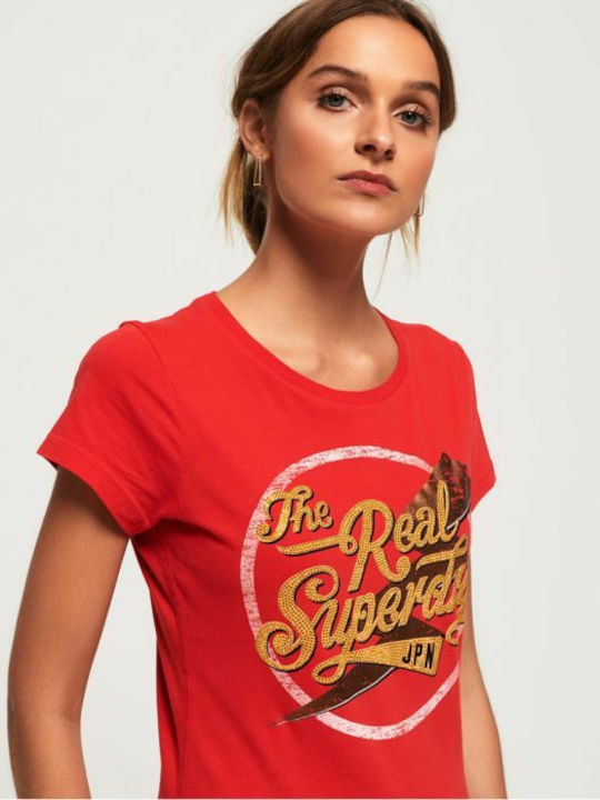 Superdry Sparkle Entry Γυναικείο T-shirt Κόκκινο με Στάμπα