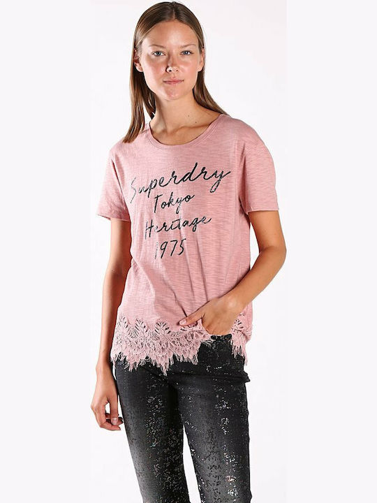 Superdry Somertrees Lace Feminin Tricou Floral Roz