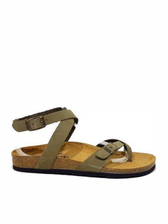 Leather Women's Flat Sandals Anatomic with Strap in Khaki Color