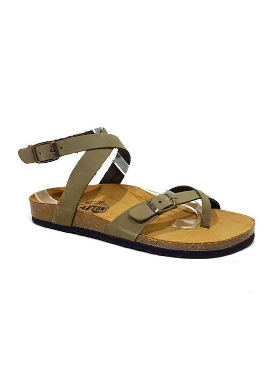 Leather Women's Flat Sandals Anatomic with Strap in Khaki Color