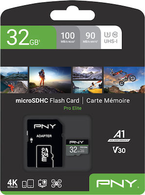 PNY PRO Elite microSDHC 32GB Class 10 U3 V30 A1 UHS-I with Adapter