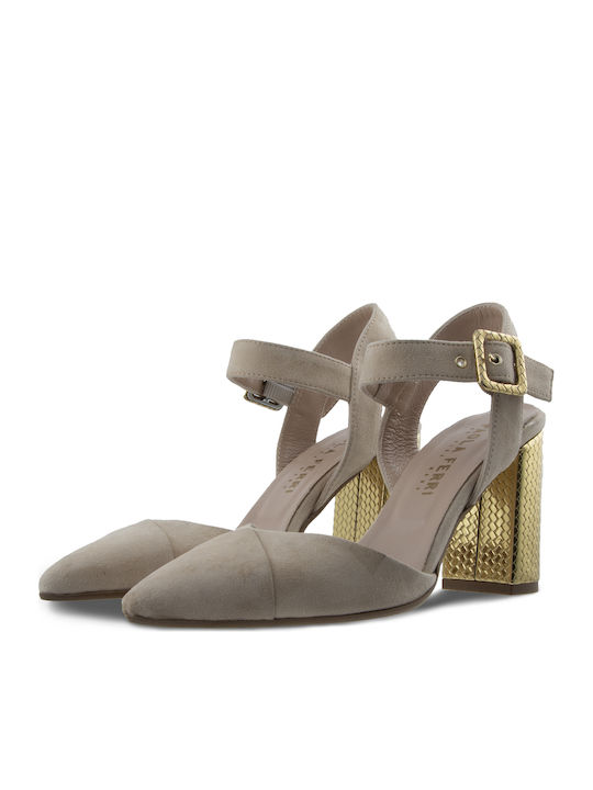 Paola Ferri Suede Women's Sandals Beige with Chunky High Heel