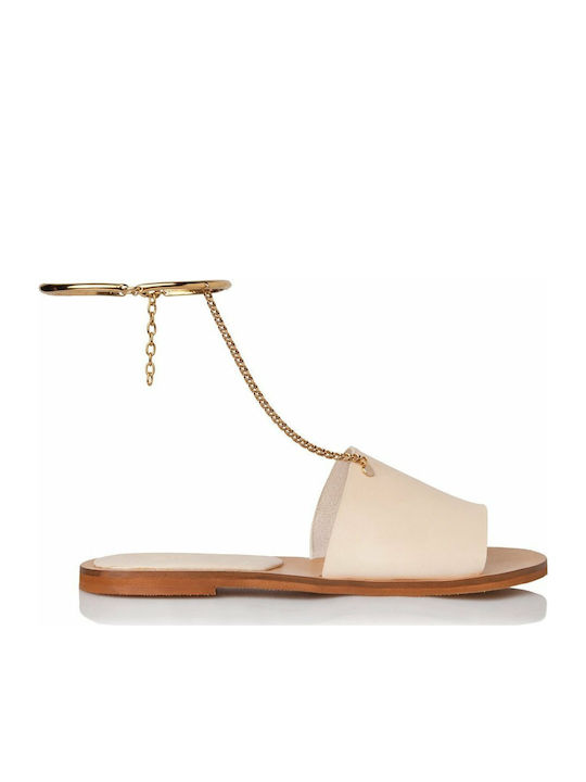 Sante Leather Women's Flat Sandals with Strap in Beige Color