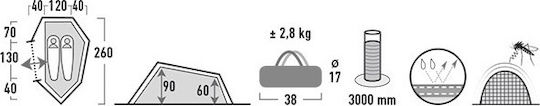 High Peak Sparrow Camping Tent Tunnel Mountaineering Green with Double Cloth 4 Seasons for 2 People Waterproof 3000mm 260x160x90cm