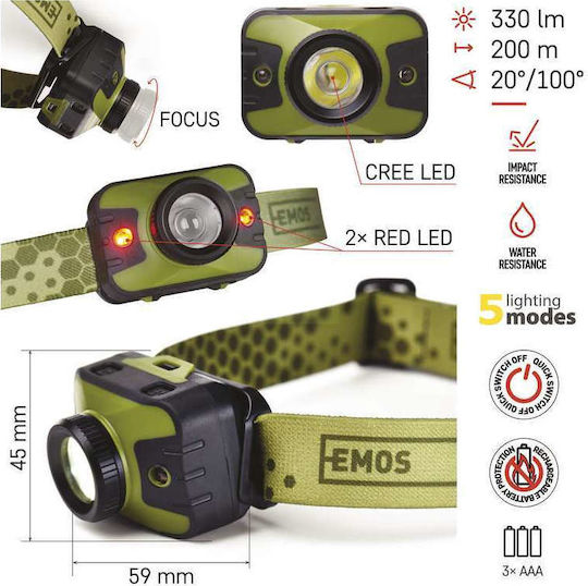 Emos Φακός Κεφαλής LED IP43 με Μέγιστη Φωτεινότητα 230lm