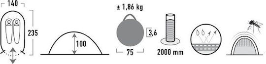 High Peak Vision 2 Camping Tent Pop Up Green With Double Cloth 3 Seasons For 2 People 235x140x100cm