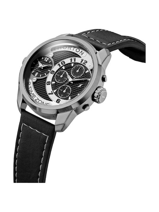 Thorton Ανδρικό Ρολόι 53mm Χρονογράφος Μπαταρίας με Μαύρο Δερμάτινο Λουράκι