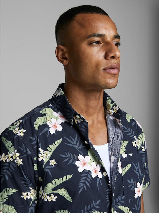 Short-sleeved Shirt Floral Navy Blue