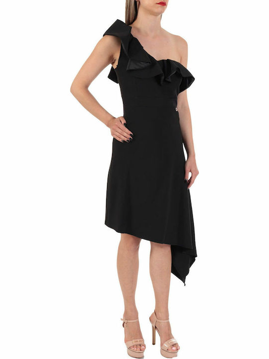 RELISH MIDI DRESS MIRIADER ASYMMETRIC ONE SHOULDER RUFFLE BLACK