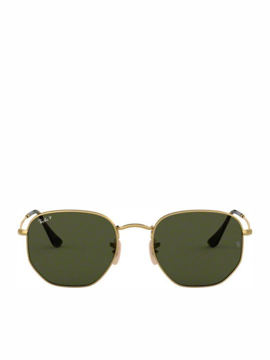 Ray Ban Hexagonal Unisex Sunglasses with Gold Metal Frame and Green Polarized Lens RB3548N 001/58