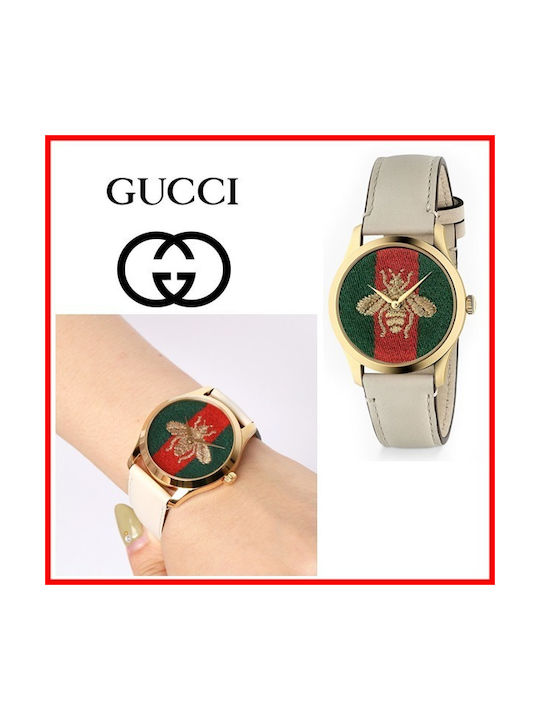 Gucci G-Timeless Γυναικείο Ρολόι Μπαταρίας με Μπεζ Δερμάτινο Λουράκι