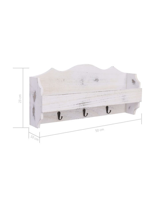 vidaXL Antique Wooden Wall Hanger 3 Hooks White 50x10x23cm