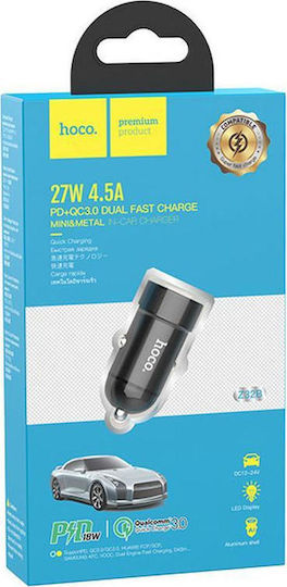 Hoco Car Charger Black Z32B Total Intensity 3A Fast Charging with Ports: 1xUSB 1xType-C