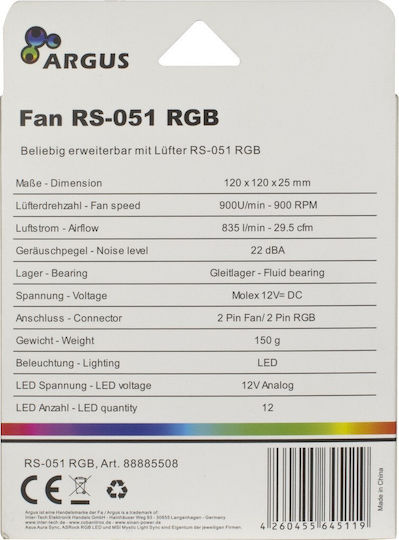 Argus RS-051 Case Fan 120mm 900rpm 29.4cfm with RGB Lighting and 2-Pin Connection