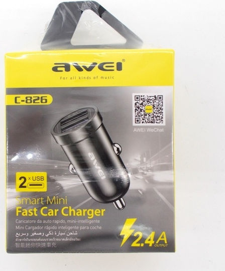 Awei Car Charger Black C-826 Total Intensity 2.4A Fast Charging with Ports: 2xUSB