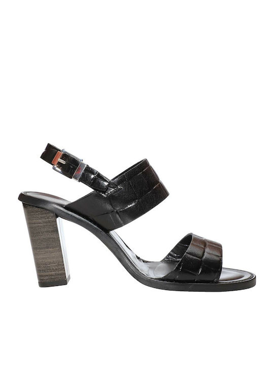 Paola Ferri Leather Women's Sandals with Ankle Strap Black with Chunky High Heel