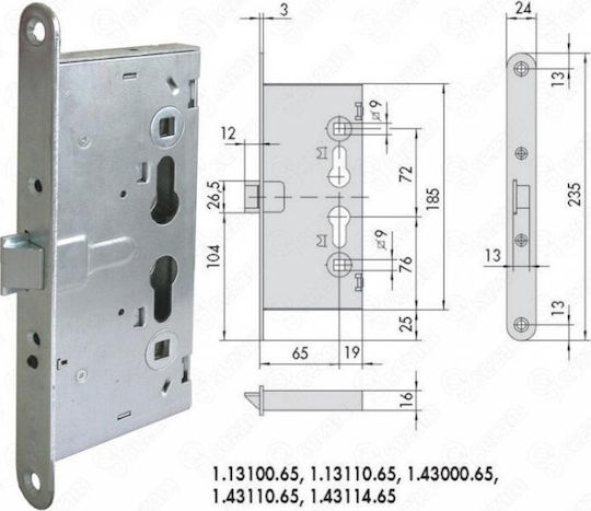 Cisa Recessed Lock Fire Safety with Cylinder and Center 65mm Silver