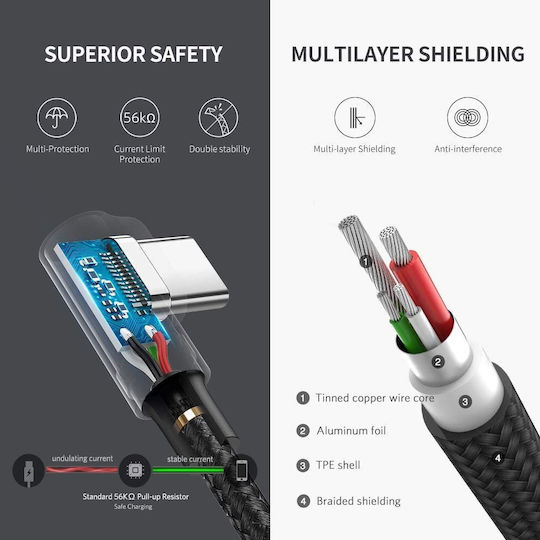 Ugreen US284 Angle (90°) / Braided USB 2.0 Cable USB-C Male - USB-A 18W Black 1m 50941