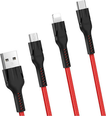Hoco Braided USB to Lightning / Type-C / micro USB Cable Κόκκινο 1.2m (Benay)