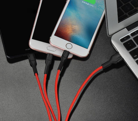 Hoco U31 Benay Плетена USB към Lightning / Type-C / micro USB Кабел Червен 1.2м
