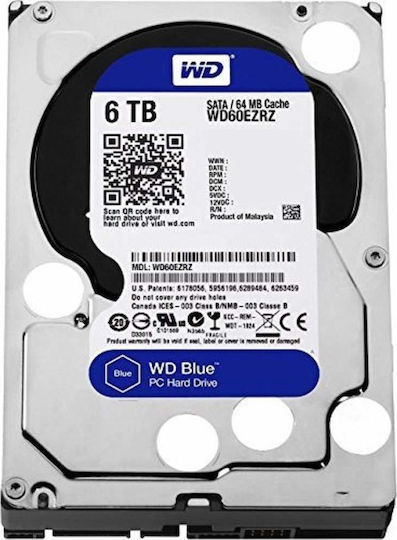 Western Digital Blue 6TB HDD Hard Drive 3.5" SATA III 5400rpm with 256MB Cache for Desktop WD60EZAZ