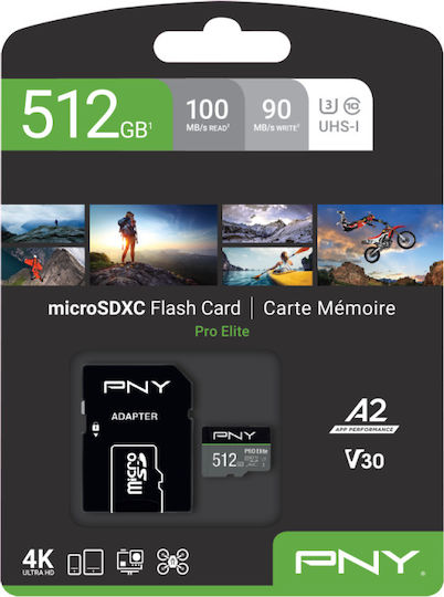 PNY Pro Elite microSDXC 512GB U3 V30 A2 UHS-I 100MB/s Cu Adaptor