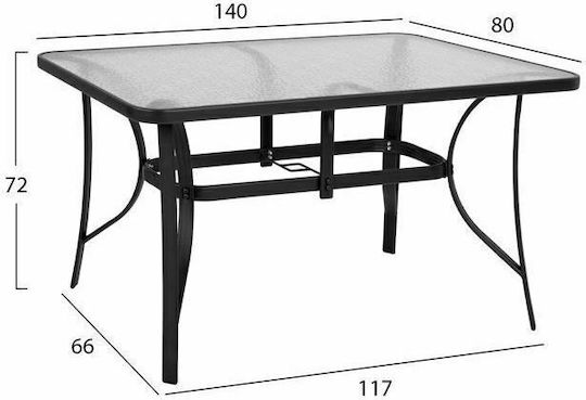 Bruno Outdoor Dinner Table with Glass Surface and Metal Frame Gray 140x80x72cm