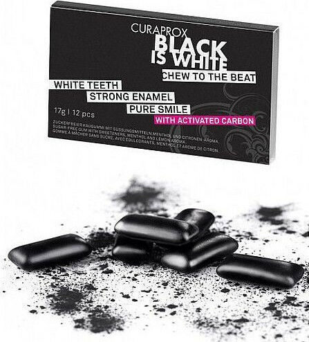 Curaprox 12 Kaugummi Black is White Aktivkohle mit Geschmack Zitrone - Minze Ohne Zuckerzusatz 17gr