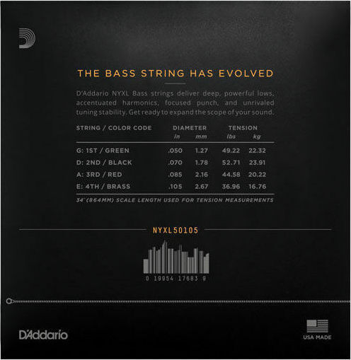 Daddario NYXL Bass 4-String Set of Nickel Wound Bass Strings 50 - 105 Inches Medium/Long Scale