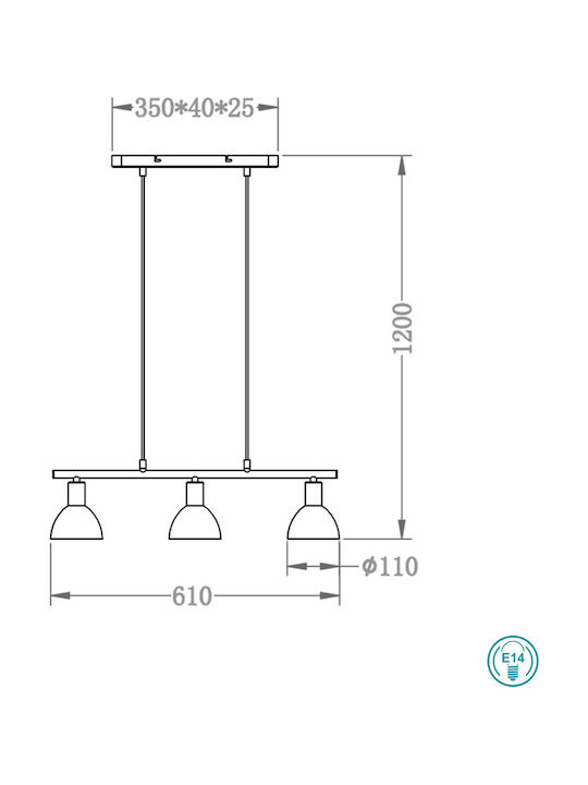 Trio Lighting Dallas Verstellbar Hängelampe Silber Schiene mit Fassung E14, E.14 11x61x120cm.
