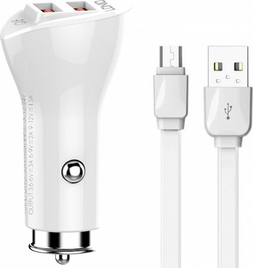 Ldnio Car Charger 36W 3A with 2xUSB-A Ports and Micro-USB Cable White Color