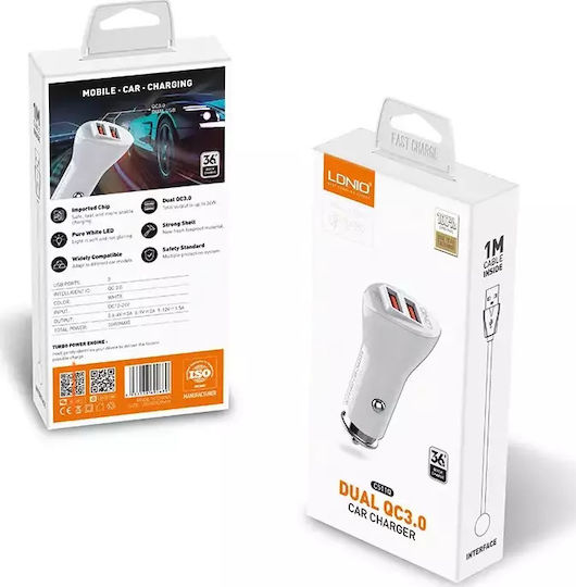 Ldnio Car Charger 36W 3A with 2xUSB-A Ports and Micro-USB Cable White Color
