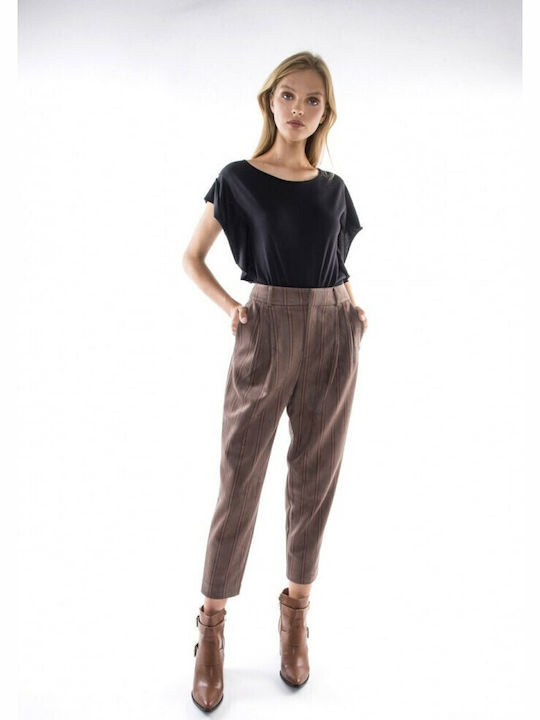 Women's High-waisted Fabric Trousers Baggy Line Striped Brown