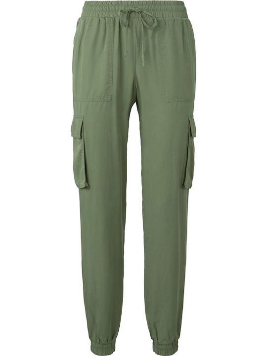 Women's High-waisted Fabric Cargo Trousers Khaki
