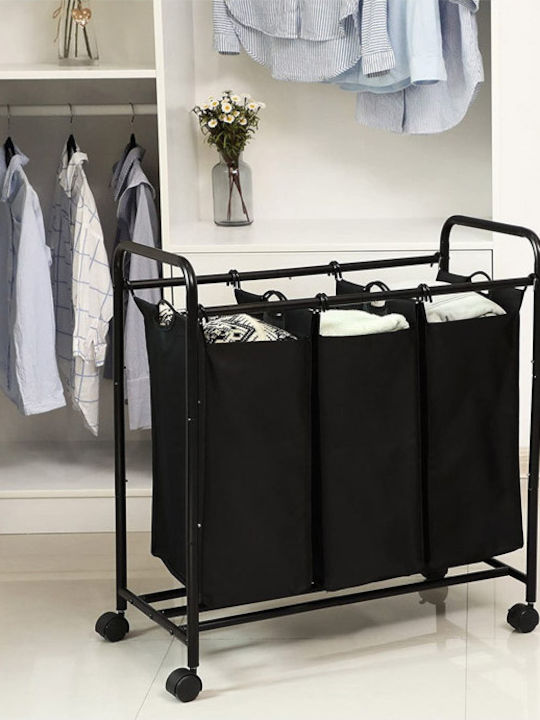 Songmics Καλάθι Απλύτων Μεταλλικό 44lt 77x41x81.5cm Μαύρο Τροχήλατο με 3 Χώρους