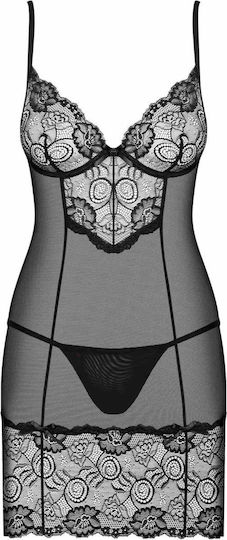 Obsessive Alluria Chemise Sexy Σετ με Νυχτικό & Ρόμπα με Δαντέλα & Διαφάνεια Black