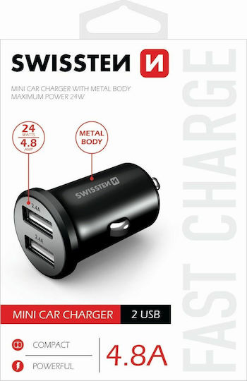 Swissten Φορτιστής Αυτοκινήτου 4.8A με Θύρες: 2xUSB Μαύρο Χρώμα