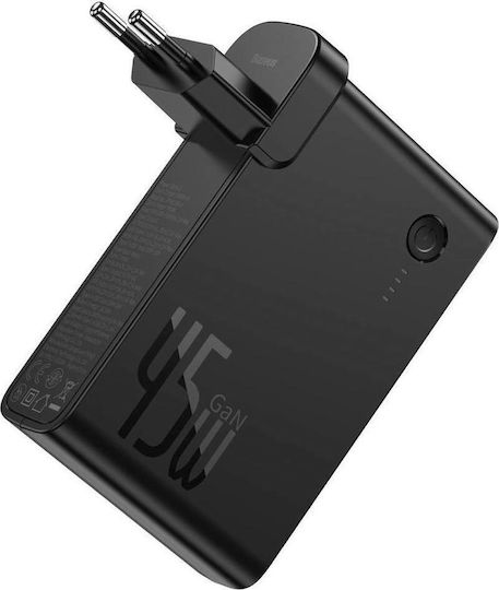 Baseus Ladegerät GaN mit USB-A Anschluss und USB-C Anschluss und Kabel USB-C 45W Stromlieferung / Schnellaufladung 3.0 Schwarzs (GaN 2 in 1)