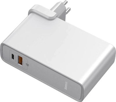 Baseus mit USB-A Anschluss und USB-C Anschluss und Kabel USB-C 45W Schnellaufladung 3.0 / Stromlieferung Weiß (GaN 2 in 1)