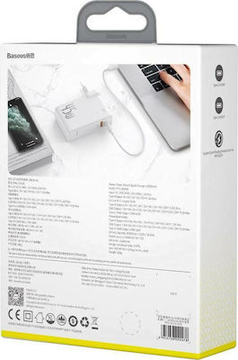 Baseus mit USB-A Anschluss und USB-C Anschluss und Kabel USB-C 45W Schnellaufladung 3.0 / Stromlieferung Weiß (GaN 2 in 1)