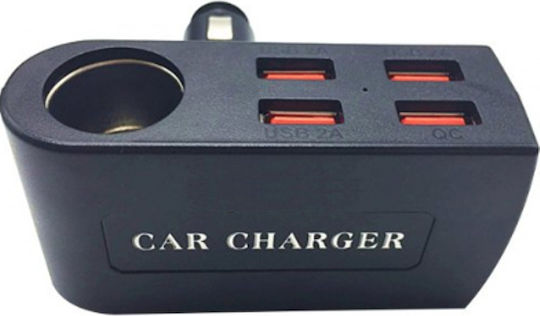 Andowl Φορτιστής Αυτοκινήτου 2.4A με Θύρες: 4xUSB 1xΑναπτήρα Μαύρο Χρώμα