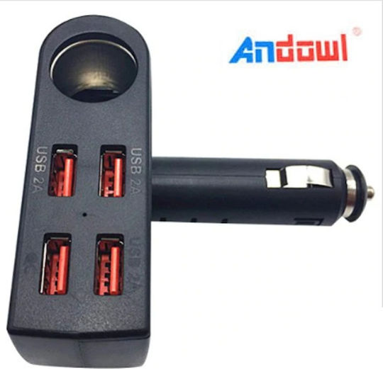 Andowl Φορτιστής Αυτοκινήτου 2.4A με Θύρες: 4xUSB 1xΑναπτήρα Μαύρο Χρώμα