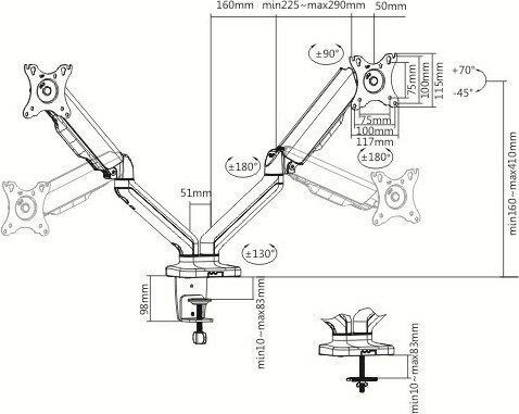 Brateck LDT46-C024 Desk Mounted Stand for 2 Monitors up to 32" with Extension Arm