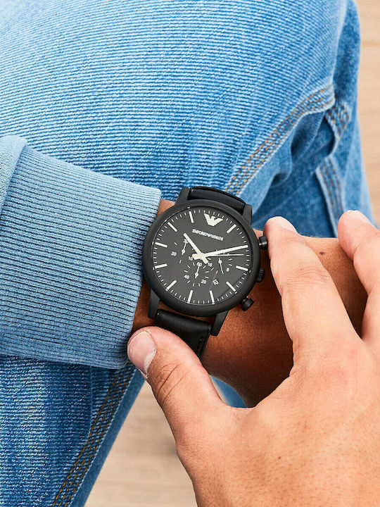 Emporio Armani Men's Watch 46mm Chronograph Battery with Black Leather Strap