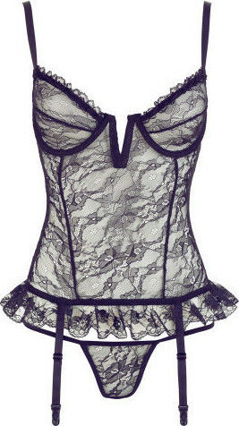 Cottelli Collection Basque with Suspenders & String Sexy Σετ Εσωρούχων με Δαντέλα & Ζαρτιέρες Black