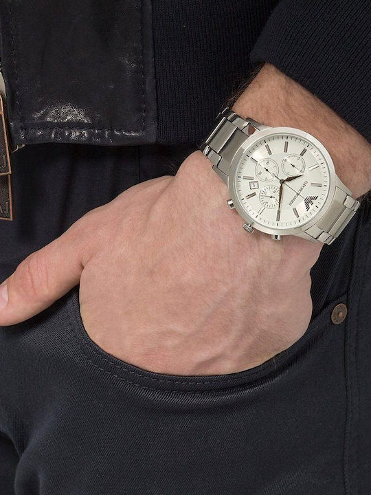 Emporio Armani Classic Men's Watch 43mm Chronograph Battery with Silver Metal Bracelet