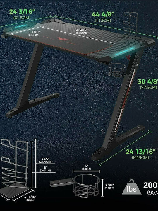 Gaming Office Z1-S Wooden Black with Metal Legs & LED 113x61.5x77.5cm