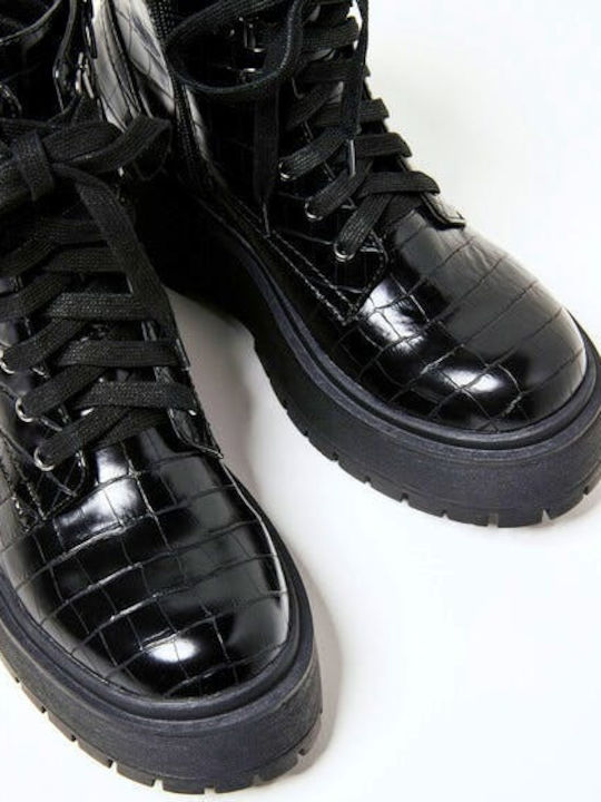 Bobbing Croco Women's Patent Leather Ankle Boots with Medium Heel Black