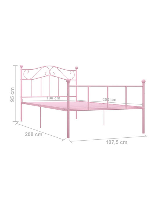 Pat Single Metalic Roz Cu Plăci Potrivit Pentru Saltea 100x200cm