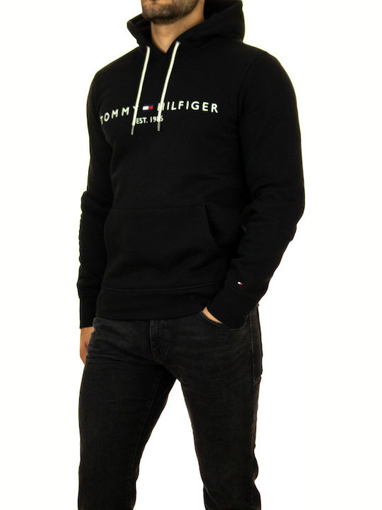 Tommy Hilfiger Logo Flex Ανδρικό Φούτερ με Κουκούλα και Τσέπες Μαύρο